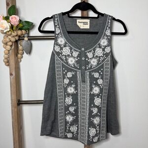 Savanna Jane Gray Embroidered Floral Tank Top Womens Size Small Button Neck